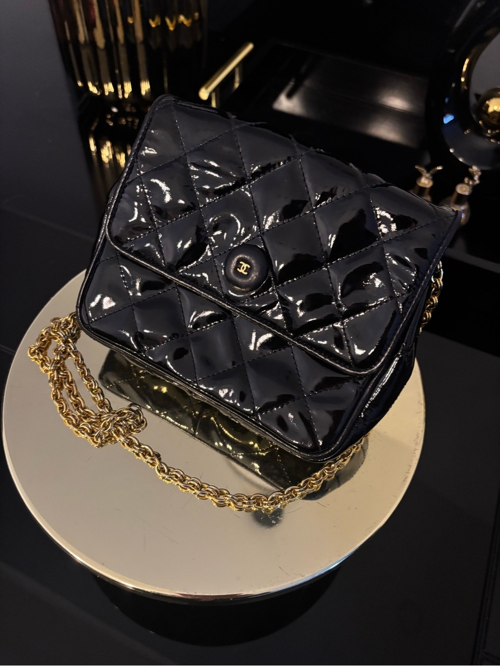 CHANEL Black Patent Quilted Crossbody with Gold Chain